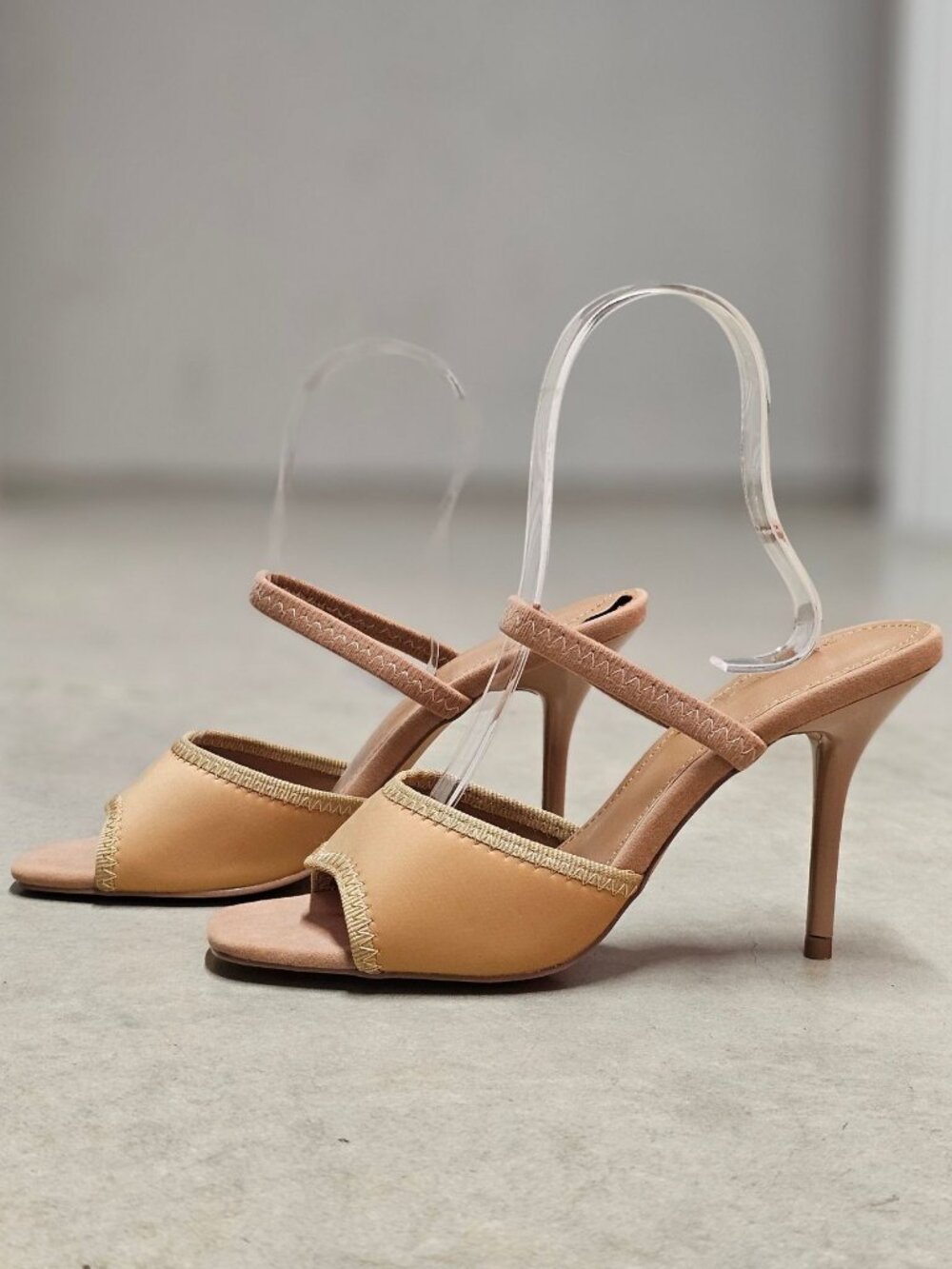 Taupe Stiletto Heeled Sandals With Strap Design Open Toe And Elegant Stitch Deta
